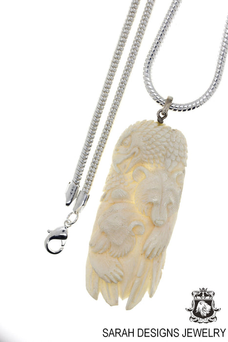 EAGLE feathered Bear Carving Silver Pendant & Chain C297