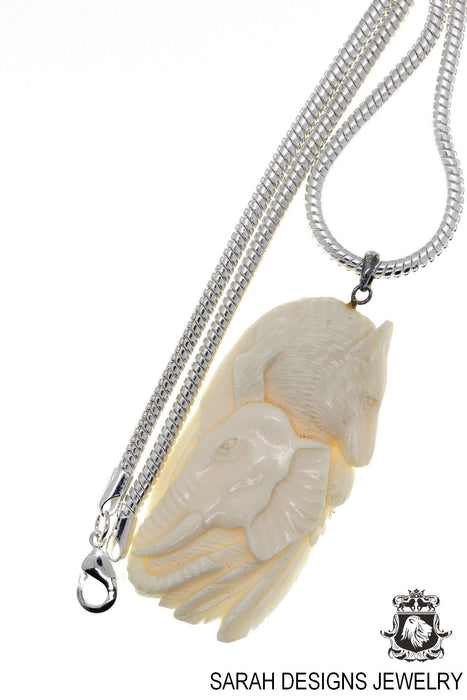 Wolf Elephant Carving Silver Pendant & Chain C260
