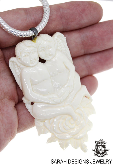 Two Angels on a Flower Carving Pendant 4mm Snake Chain C153