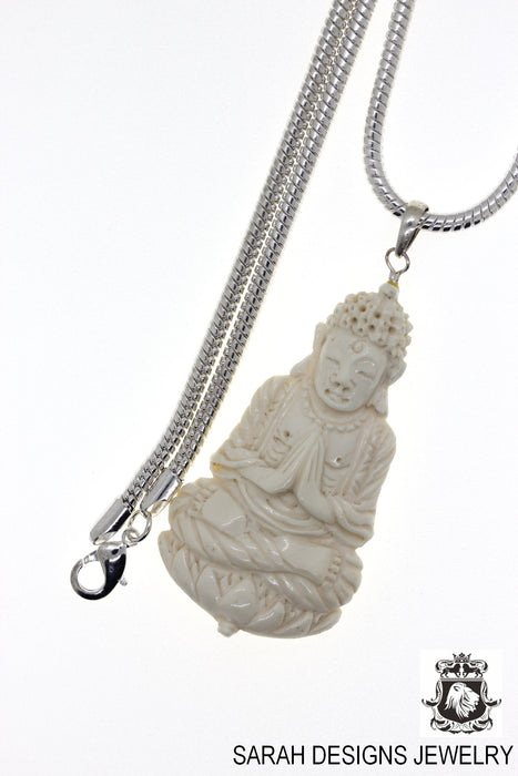 Folded Hands Meditating Buddha Carving Silver Pendant & Chain C174