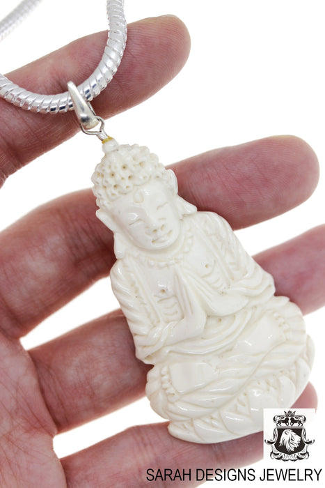 Folded Hands Meditating Buddha Carving Silver Pendant & Chain C174