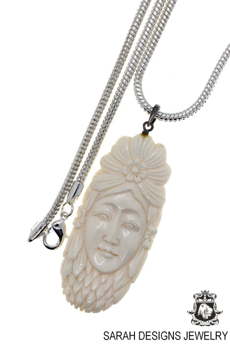 Lady with Daisy Flower Carving Silver Pendant & Chain C175