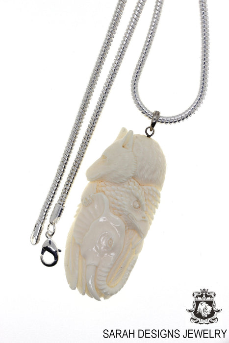 Bear Eagle Elephant Carving Silver Pendant & Chain C179