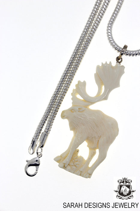 Moose Carving Silver Pendant & Chain C202