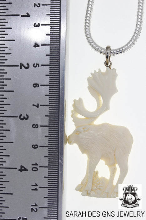 Moose Carving Silver Pendant & Chain C202