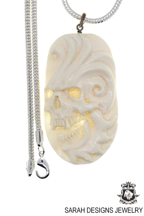 Flaming Skull Carving Silver Pendant & Chain C245