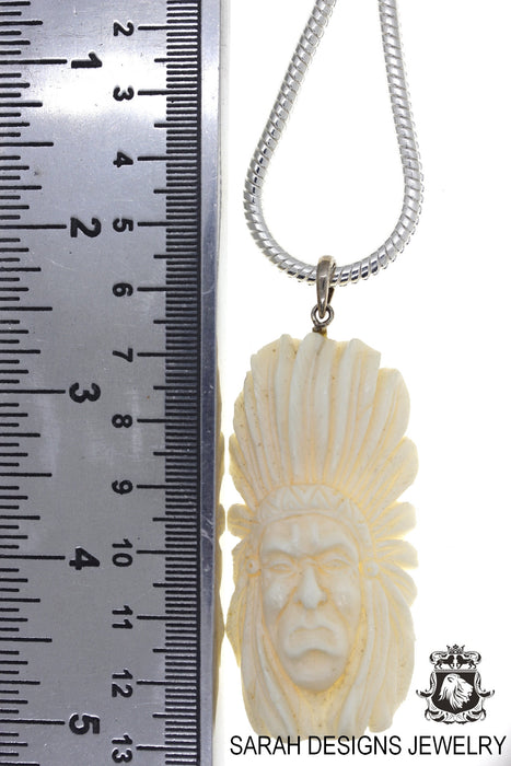 Native Chief Pontiac Carving Silver Pendant & Chain C248