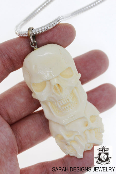 Skull Carving Silver Pendant & Chain C292