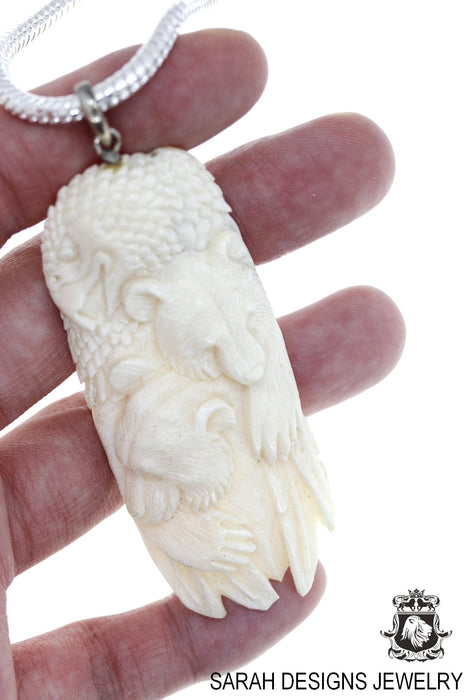 EAGLE feathered Bear Carving Silver Pendant & Chain C297