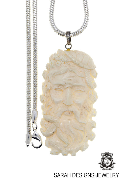 Poseidon with a Sea Turtle Carving Silver Pendant & Chain C178