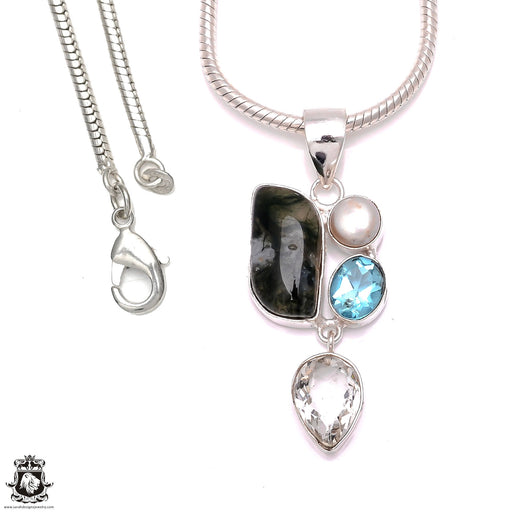 Banded Agate Pearl Clear Topaz Pendant & Chain P6609