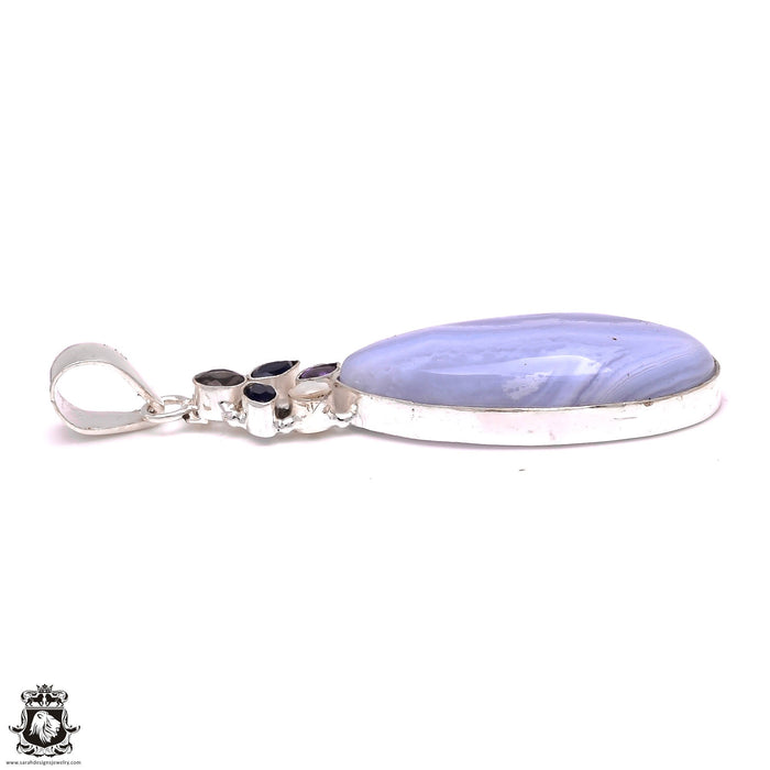Blue Lace Agate Iolite Amethyst Pearl Pendant & Chain P6632
