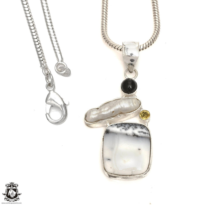 Dendritic Agate Pearl Pendant 4mm Snake Chain P6667