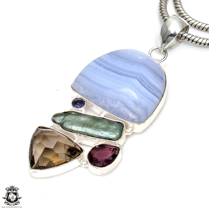 Blue Lace Agate Smoky Topaz Pendant 4mm Snake Chain P6864