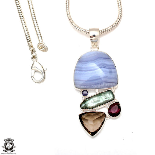 Blue Lace Agate Smoky Topaz Pendant 4mm Snake Chain P6864