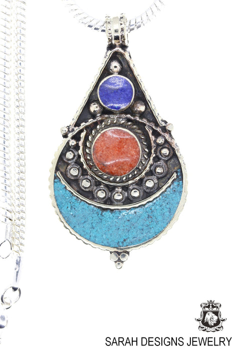 Turquoise Coral Tibetan Silver Nepal Pendant & Chain N24