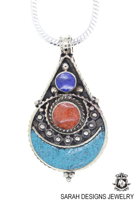 Turquoise Coral Tibetan Silver Nepal Pendant & Chain N24