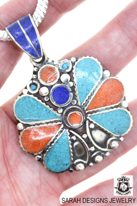 Turquoise Coral Tibetan Silver Nepal Pendant 4MM Snake Chain N44