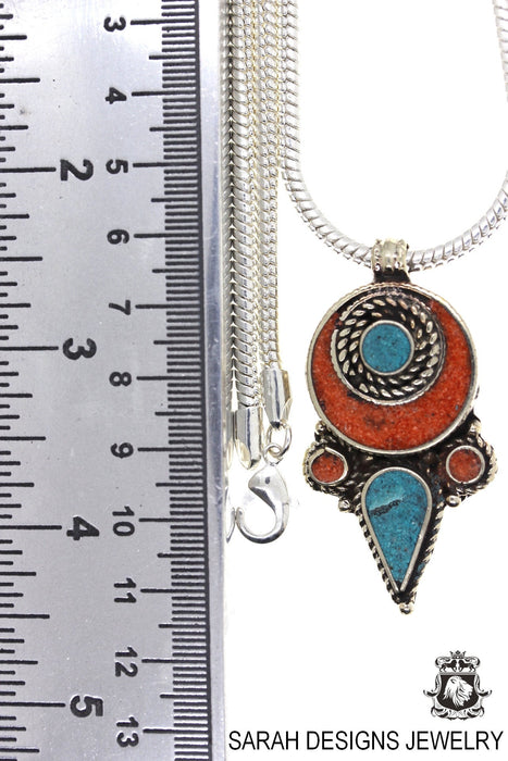 Turquoise Coral Tibetan Silver Nepal Pendant 4MM Snake Chain N46