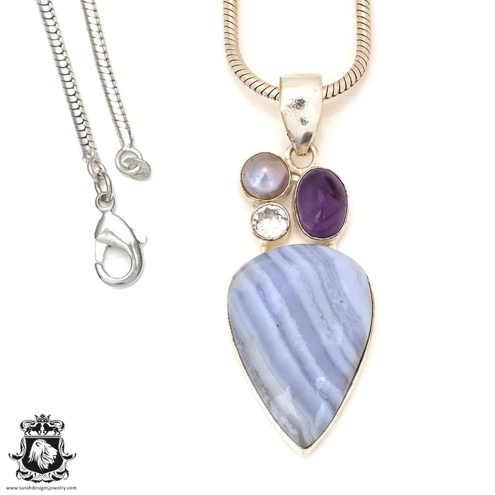 Blue Lace Agate Amethyst Pendant 4mm Snake Chain P7192