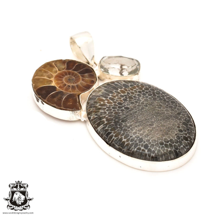Stingray Coral Fossil Ammonite Pendant & Chain P7247