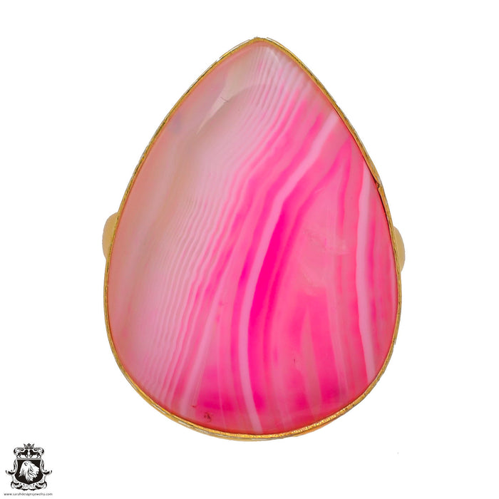 Size 8.5 - Size 10 Ring Pink Banded Agate 24K Gold Plated Ring GPR3