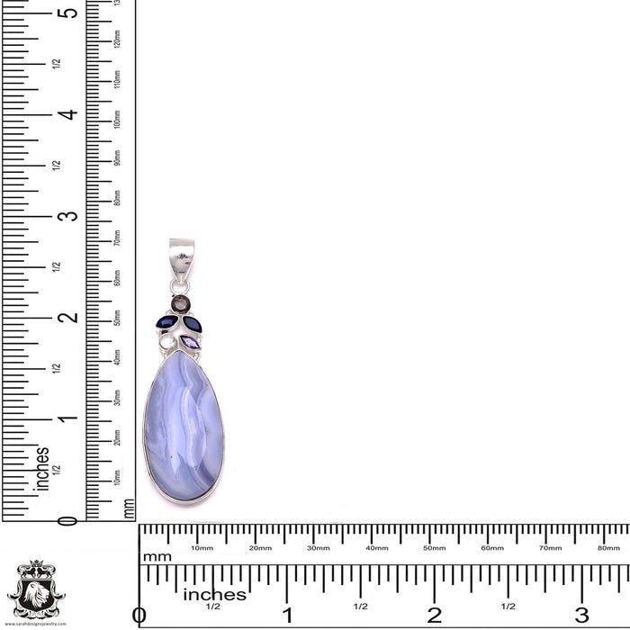 Blue Lace Agate Iolite Amethyst Pearl Pendant & Chain P6632