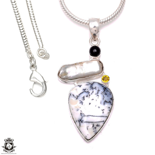 Dendritic Agate Pearl Pendant & Chain P6653
