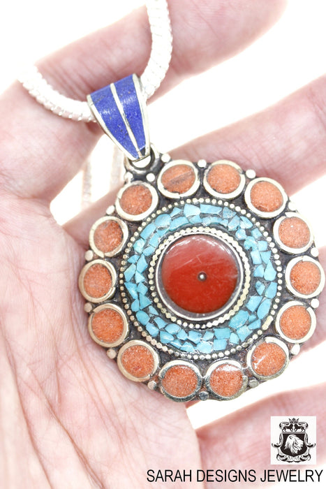Turquoise Coral Lapis Tibetan Silver Nepal Pendant & Chain N30