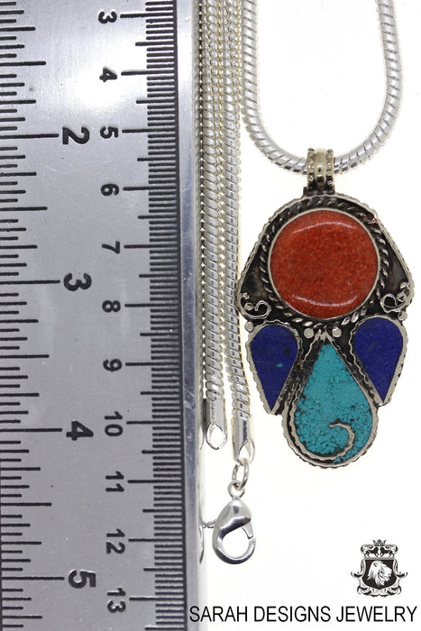Turquoise Coral Tibetan Silver Nepal Pendant & Chain N31
