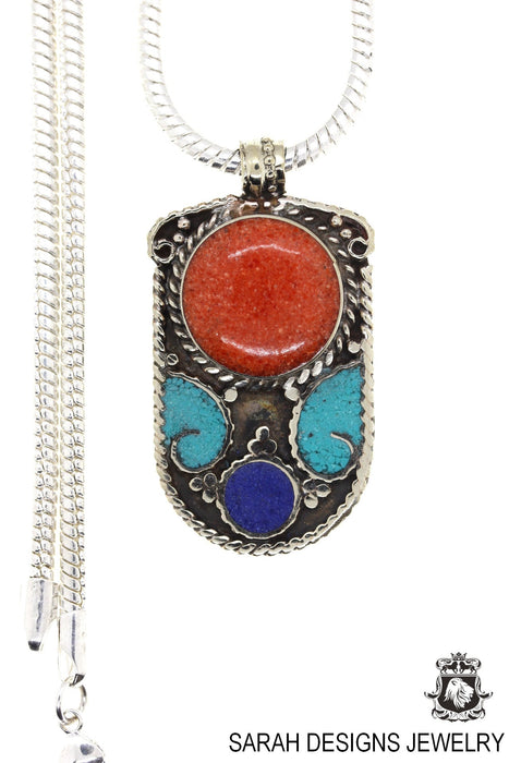 Turquoise Coral Tibetan Silver Nepal Pendant & Chain N43