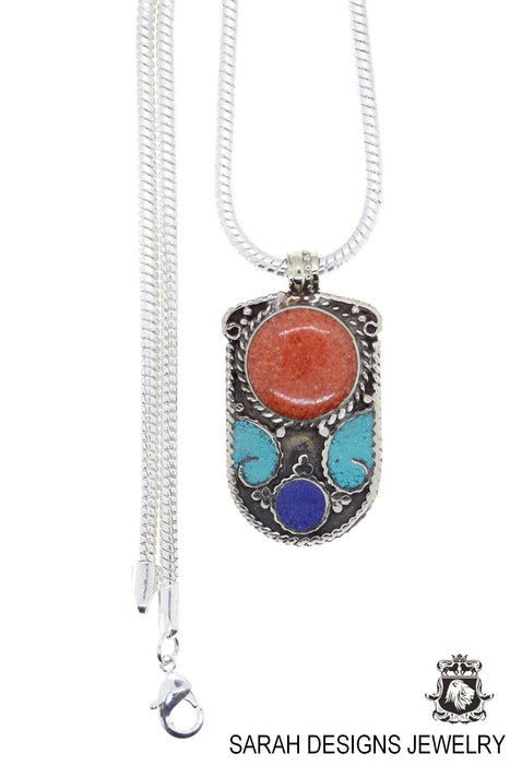 Turquoise Coral Tibetan Silver Nepal Pendant & Chain N43