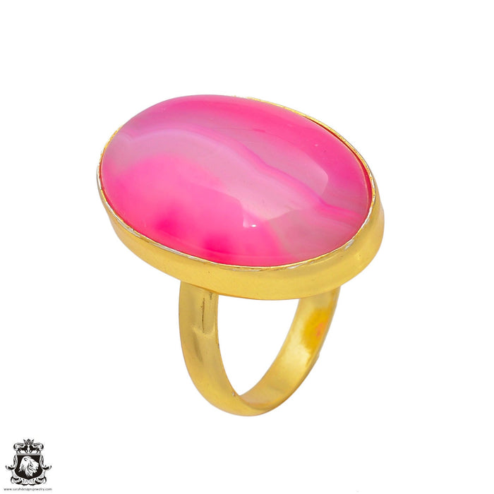 Size 7.5 - Size 9 Ring Pink Banded Agate 24K Gold Plated Ring GPR11