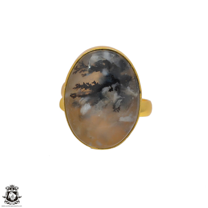 Size 9.5 - Size 11 Adjustable Montana Agate 24K Gold Plated Ring GPR83