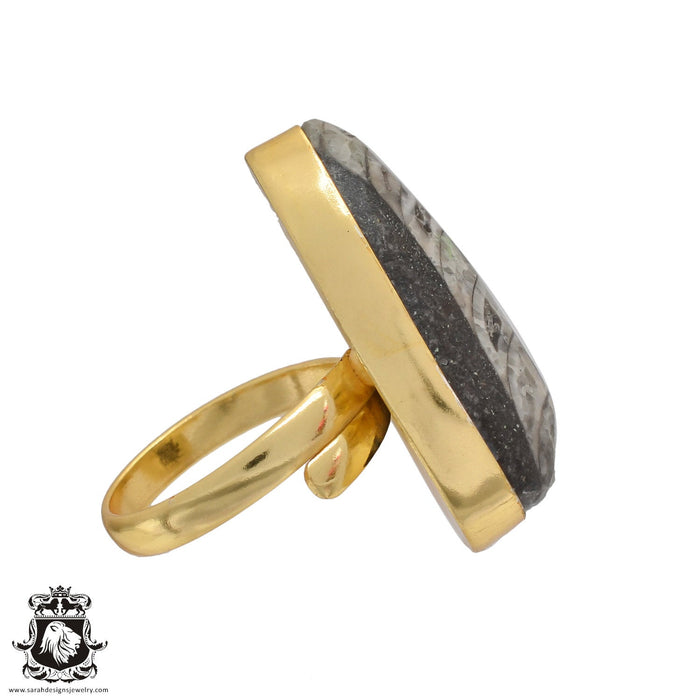 Size 9.5 - Size 11 Adjustable Orthoceras Fossil 24K Gold Plated Ring GPR463