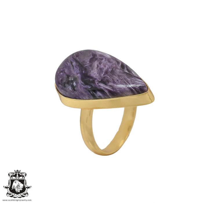 Size 9.5 - Size 11 Adjustable Charoite 24K Gold Plated Ring GPR478