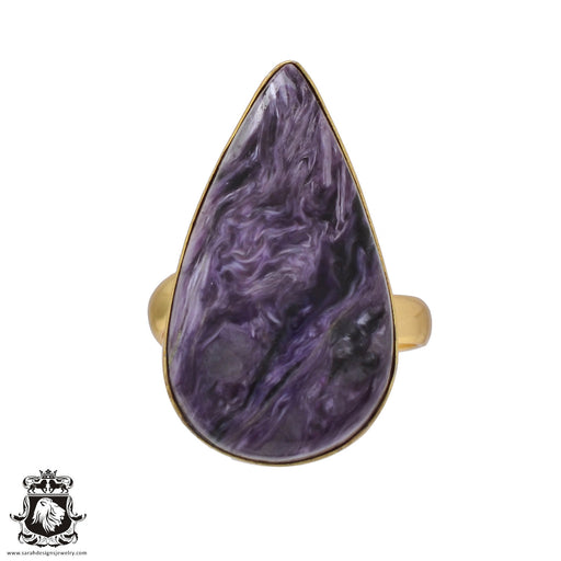Size 9.5 - Size 11 Adjustable Charoite 24K Gold Plated Ring GPR478