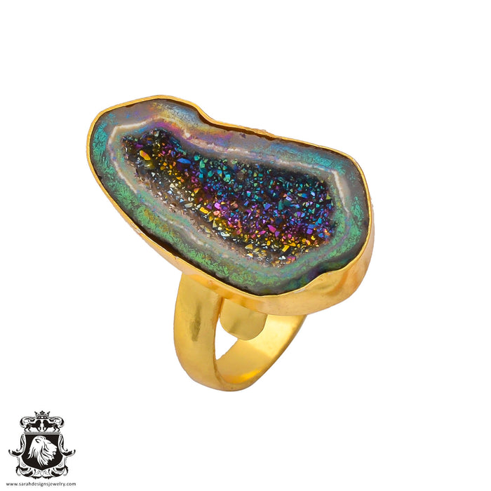 Size 9.5 - Size 11 Ring Titanium Geode 24K Gold Plated Ring GPR267