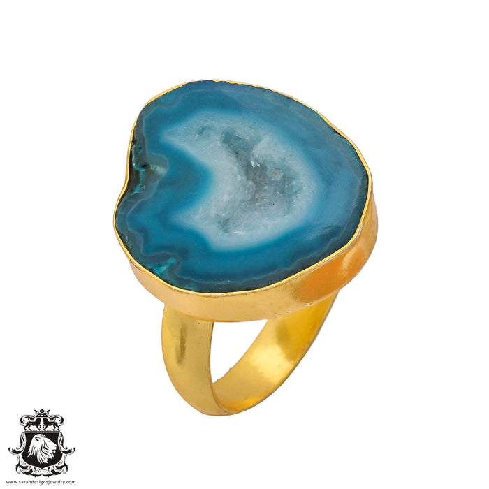 Size 9.5 - Size 11 Adjustable Ocean Agate Geode 24K Gold Plated Ring GPR280