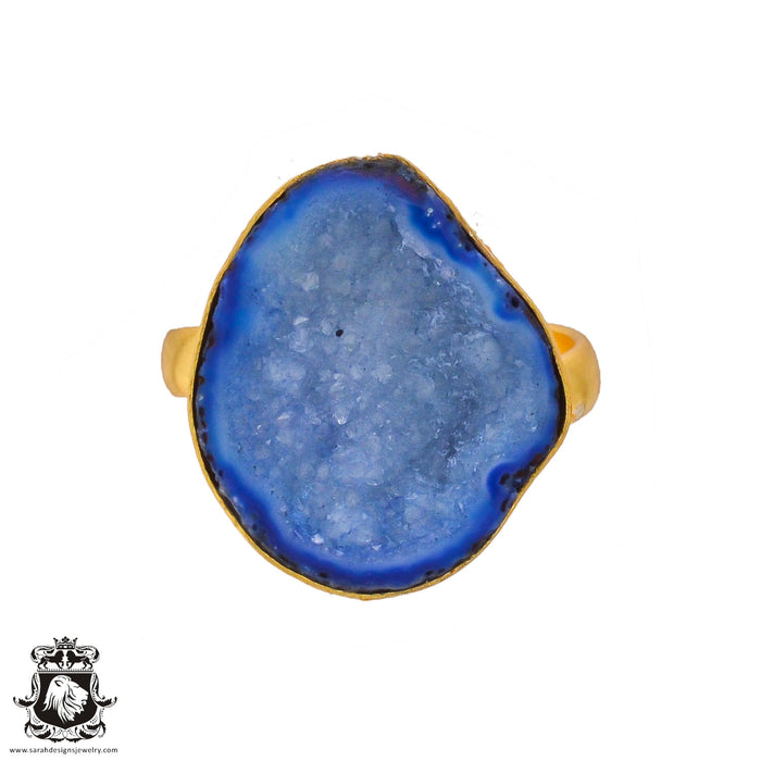 Size 8.5 - Size 10 Ring Ocean Agate Geode 24K Gold Plated Ring GPR284