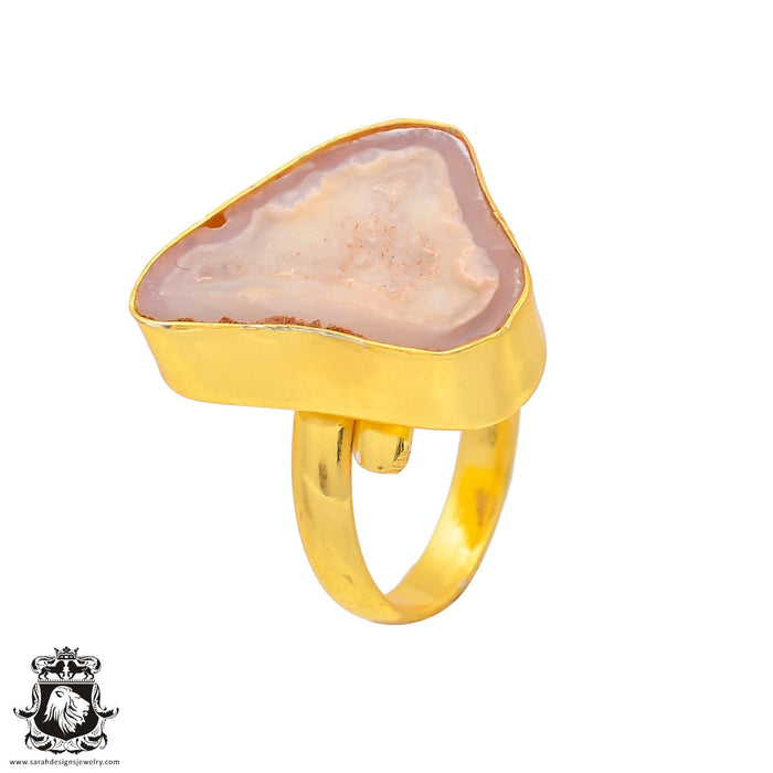 Size 6.5 - Size 8 Ring Rhodochrosite Stalactite Geode 24K Gold Plated Ring GPR291