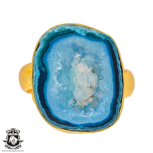 Size 8.50 - Size 10 Ring Ocean Agate Geode 24K Gold Plated Ring GPR292