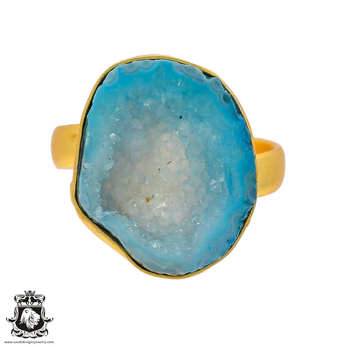Size 9.5 - Size 11 Adjustable Ocean Agate Geode 24K Gold Plated Ring GPR295