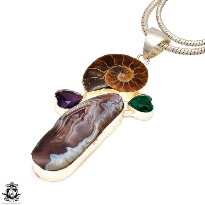 Ammonite Crazy Lace Agate Pendant 4mm Snake Chain P6992