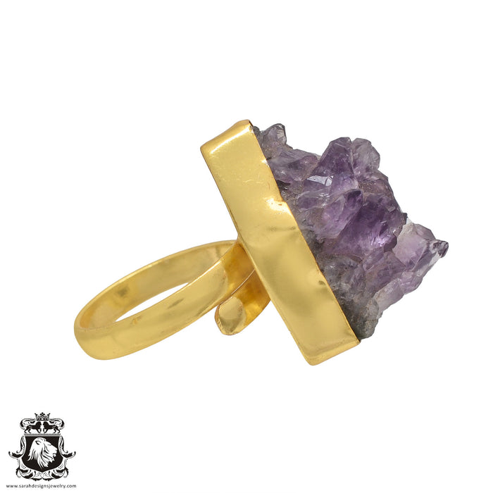 Size 7.5 - Size 9 Adjustable Amethyst Druzy 24K Gold Plated Ring GPR528