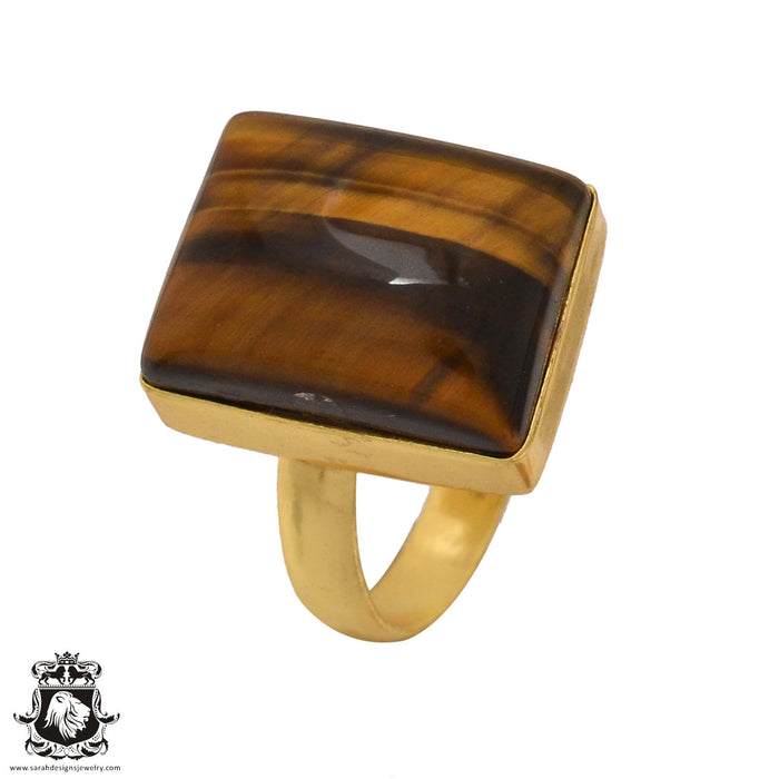 Size 7.5 - Size 9 Adjustable Tiger's Eye 24K Gold Plated Ring GPR566
