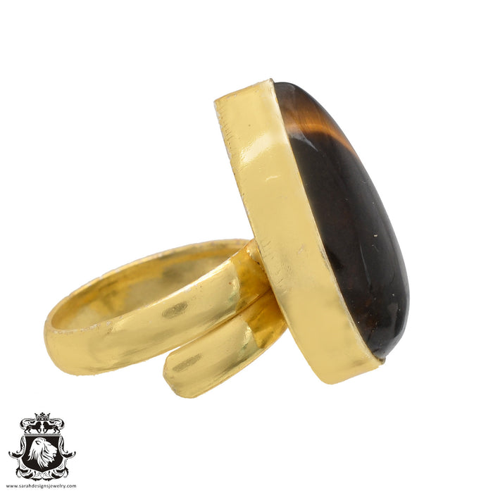Size 6.5 - Size 8 Adjustable Hawk's Eye 24K Gold Plated Ring GPR569