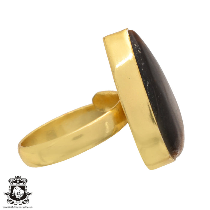Size 9.5 - Size 11 Adjustable Tiger's Eye 24K Gold Plated Ring GPR575