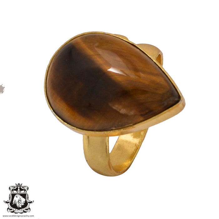 Size 8.5 - Size 10 Adjustable Tiger's Eye 24K Gold Plated Ring GPR576