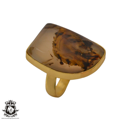 Size 6.5 - Size 8 Adjustable Scenic Agate 24K Gold Plated Ring GPR618